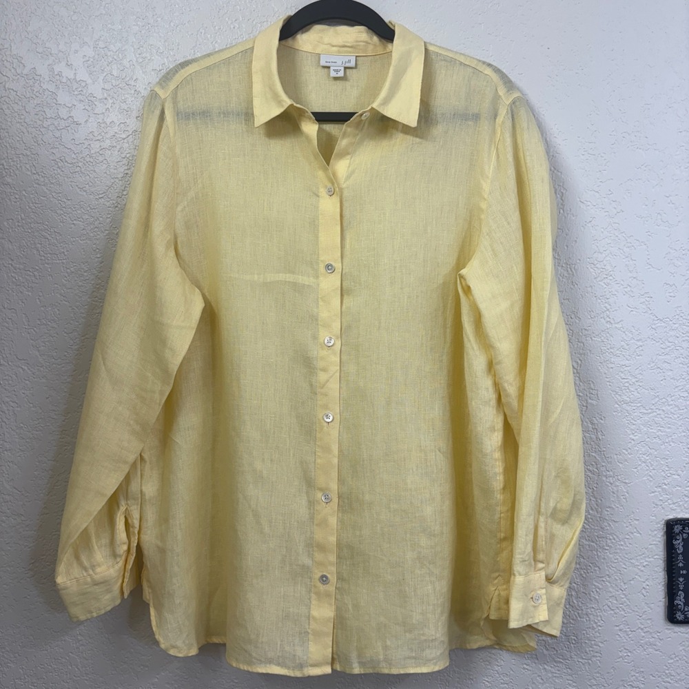 J.Jill Love Linen Shirt M Yellow 100% Linen Button Front Coastal Quiet Luxury